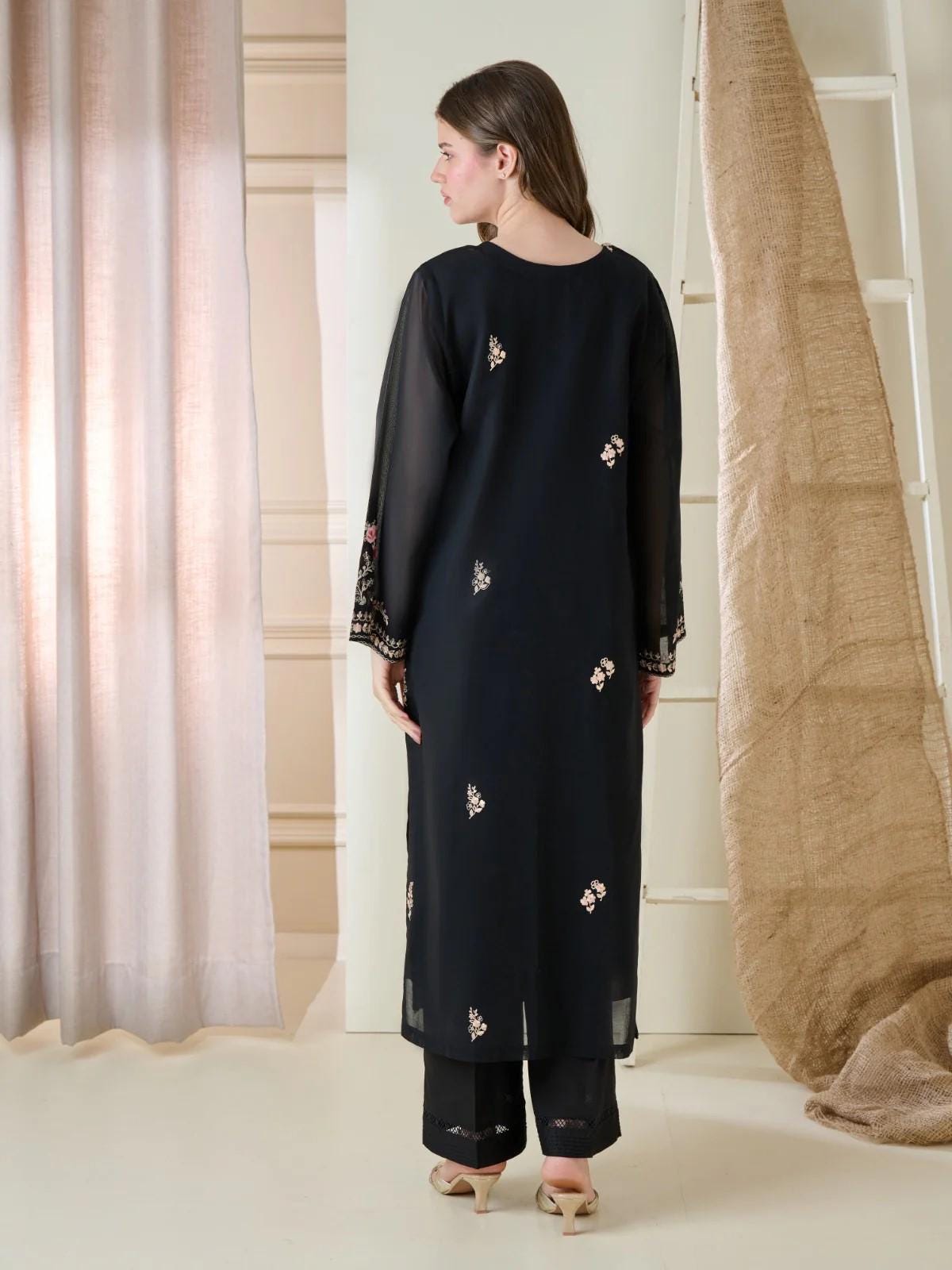 Aghanoor 2 piece - Embroidered Swiss Voile Suit (Size - L) - Black Shalwar Kameez