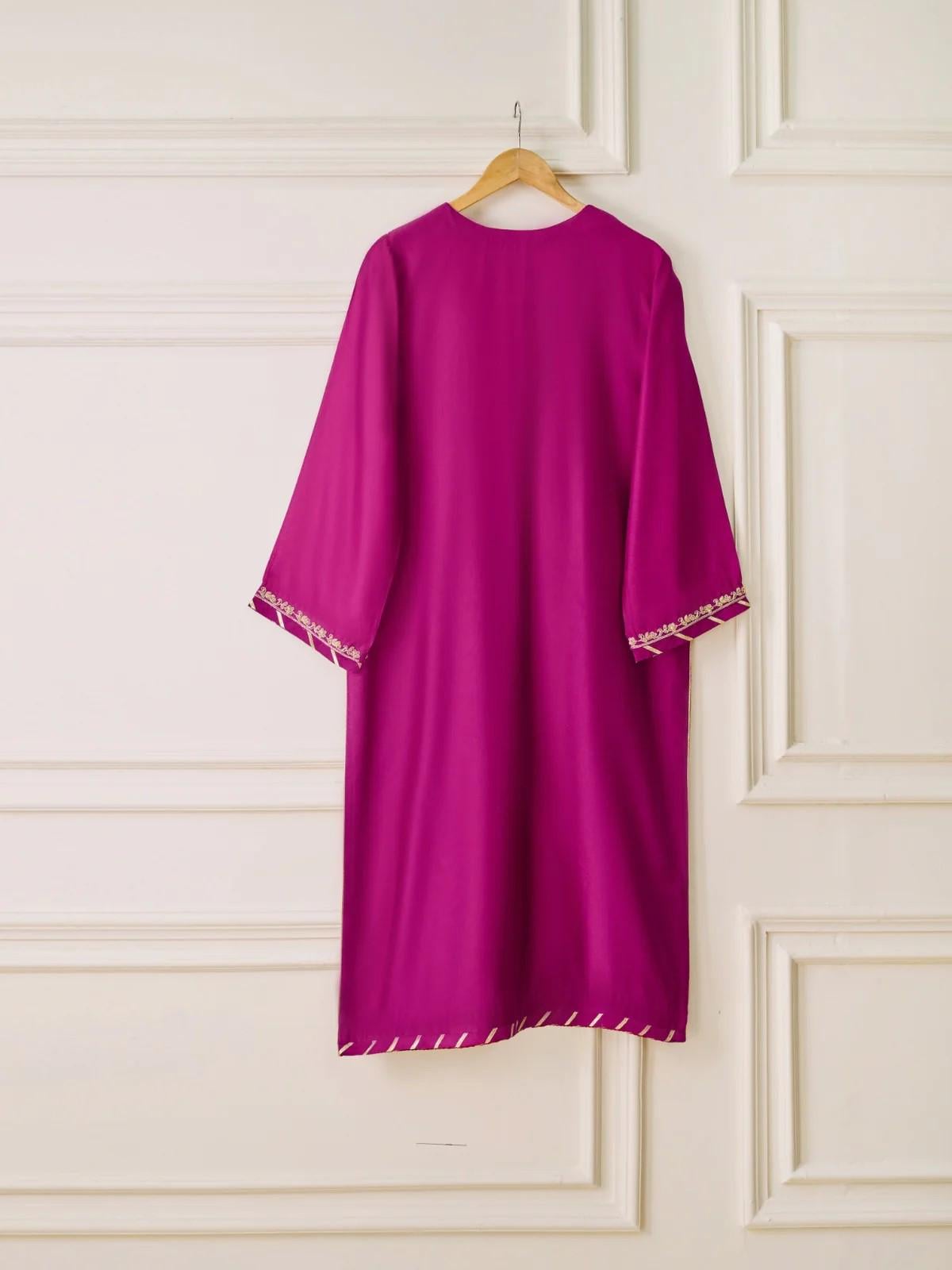 Agha noor 2 piece - (Size- XL) Pure Silk Net Embroidered Suit - Magenta - Shalwar Kameez