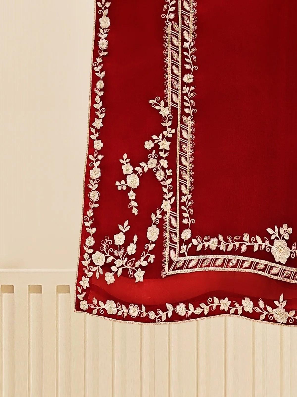 Aghanoor 3 piece - (Size- XL) Pure Organza Embroidered Suit - Maroon - Raw Silk Pants