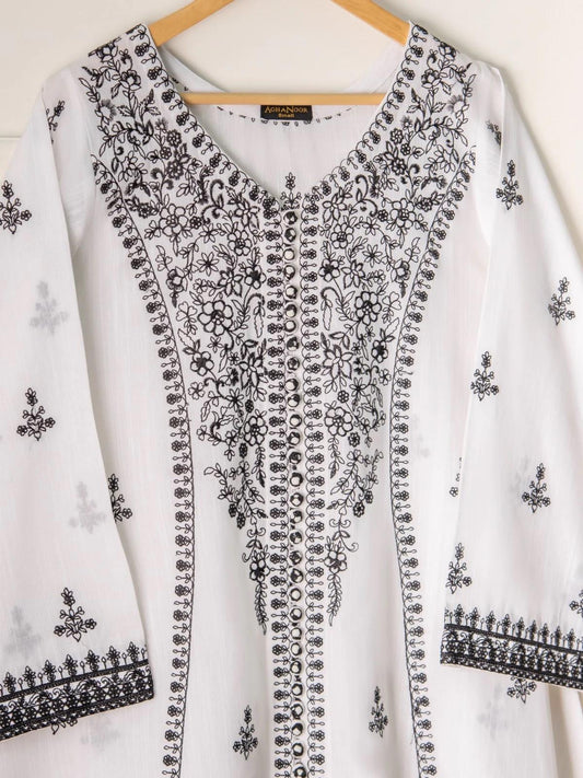 Aghanoor 2 piece - (Size- M, L) Embroidered Khaddar Frock Suit - White