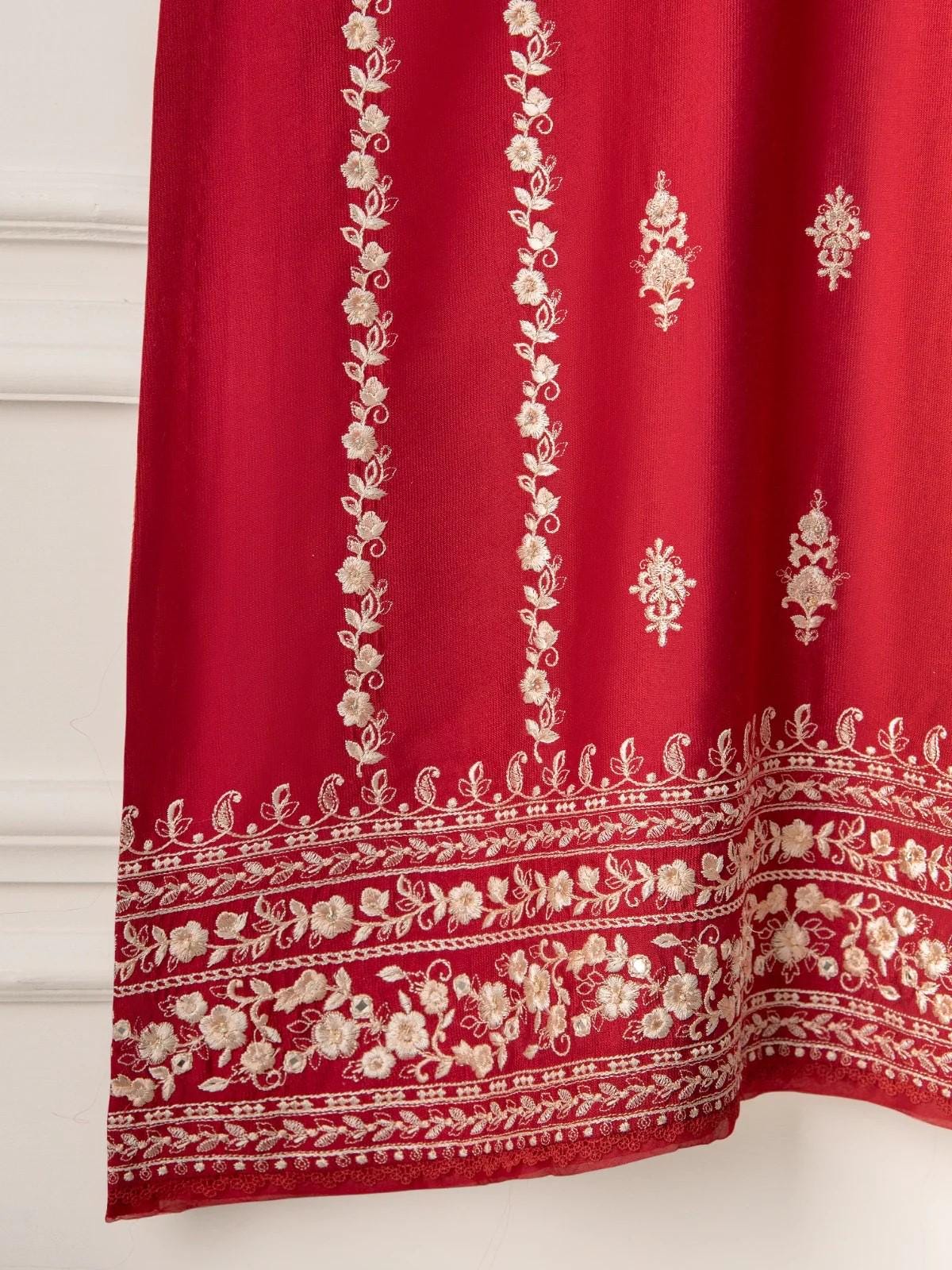 Agha noor 2 piece - (Size- Large) Pure Silk Heavily Embroidered Suit - Maroon - Raw Silk Pants