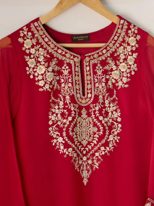 Aghanoor 2 Piece - Pure Chiffon Embroidered Suit (Size - Large)- Raw Silk Shalwar
