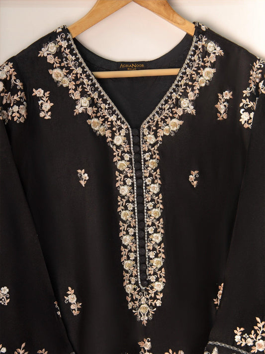 Agha noor 2 pieces - Pure Silk Embroidered Suit - Black - India Pakistan Bangladesh Shalwar Kameez