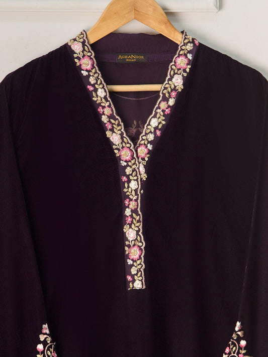 Agha Noor 3 Piece - Embroidered Velvet Suit: Purple Raw Silk Pants & Organza Dupatta