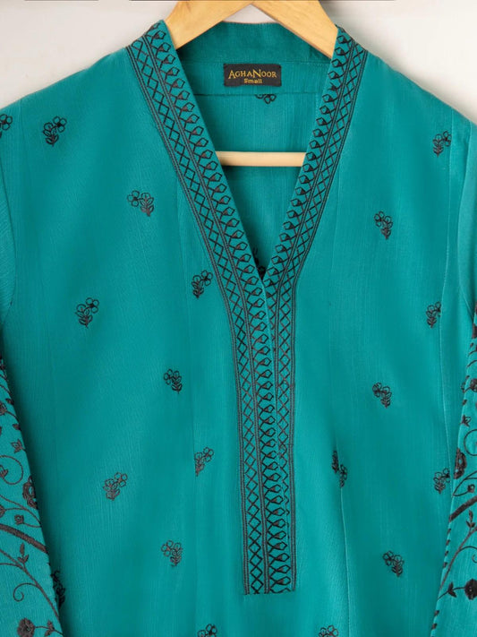 Agha Noor 2 Piece - Embroidered Khaddar Frock Suit - Teal Blue