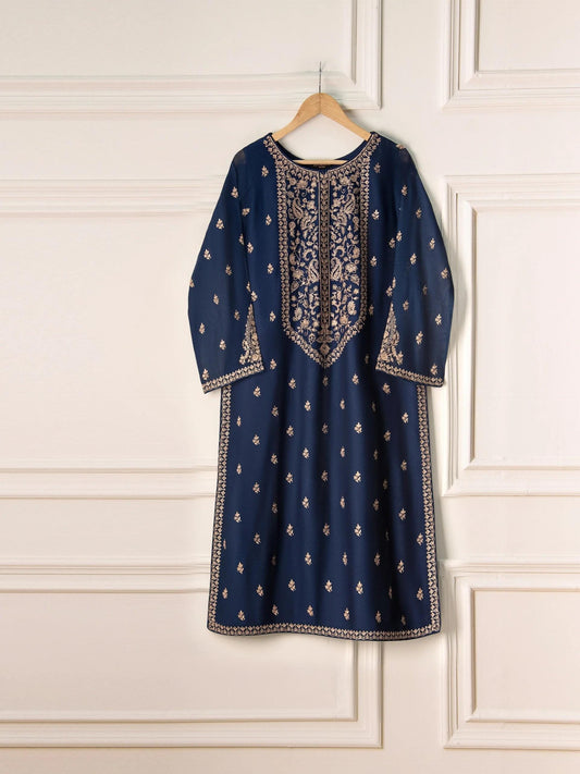 3 Piece Agha Noor - Navy Blue Embroidered Cotton Net Suit: Raw Silk Pants