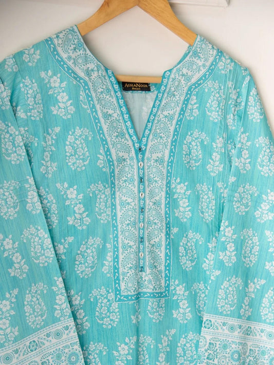 Aghanoor - Digital Printed Cambric Shirt - Ferozi - Large