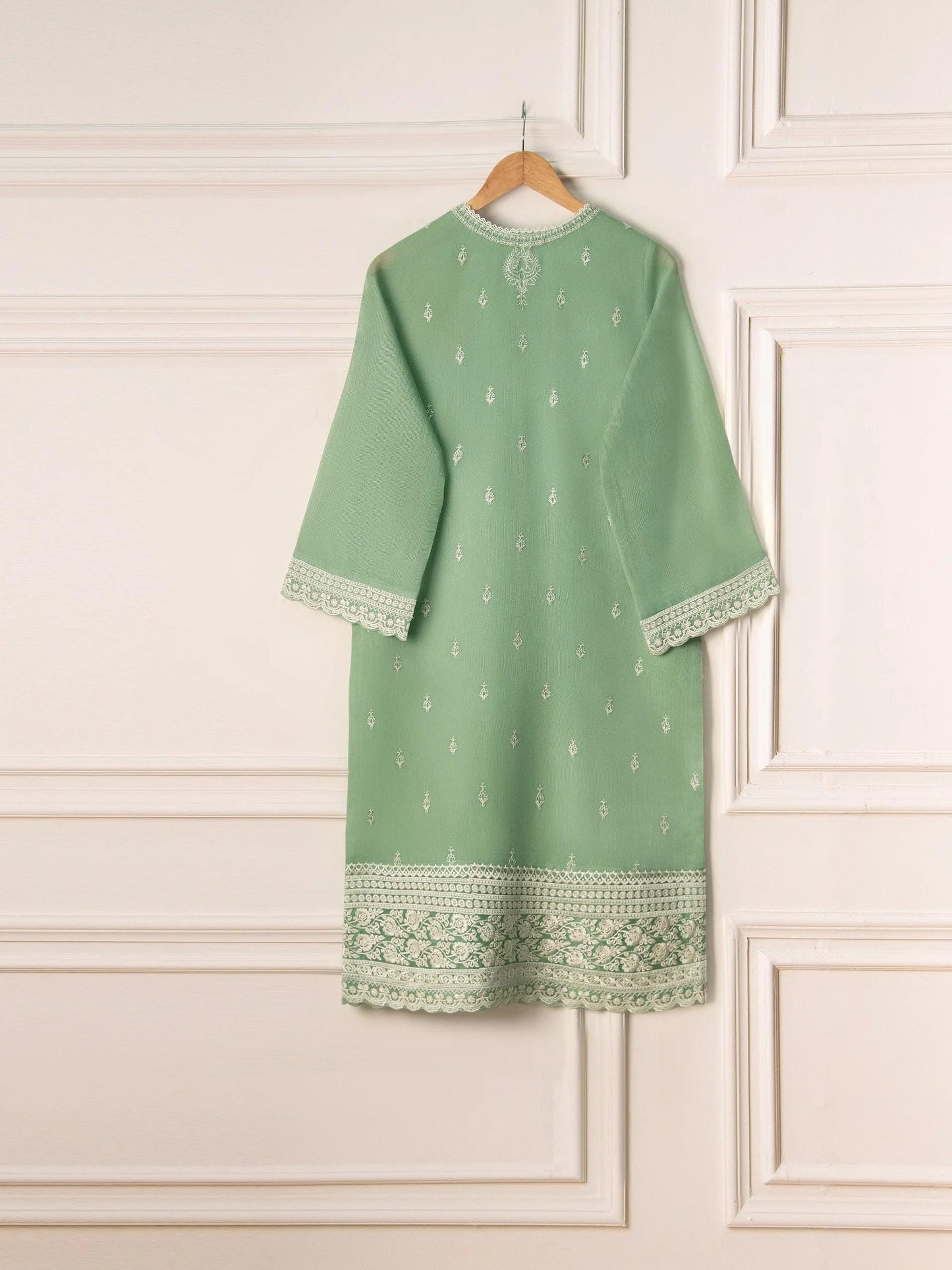 Aghanoor 3 Piece Pure Cotton Net Embroidered Suit Size (Large, Medium) - Pista Green