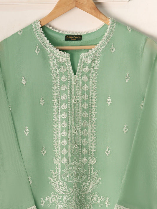 Aghanoor 3 Piece Pure Cotton Net Embroidered Suit Size (Large, Medium) - Pista Green
