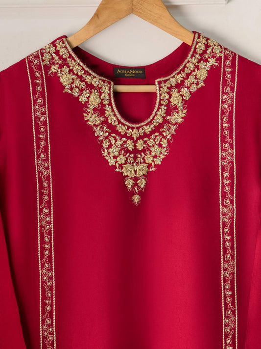 Aghanoor 2 Piece Pure Silk Embroidered Suit Size (Medium) - Maroon - Raw Silk Pants
