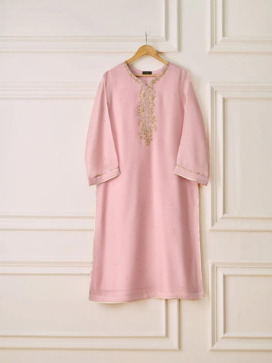 Agha Noor 2 Piece Embroidered Cotton Net Suit: Tea Pink Raw Silk Pants (Large)