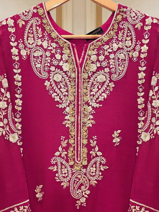 Agha Noor 3 Piece - Embroidered Cotton Net Suit: Hot Pink Raw Silk Pants, Organza Dupatta