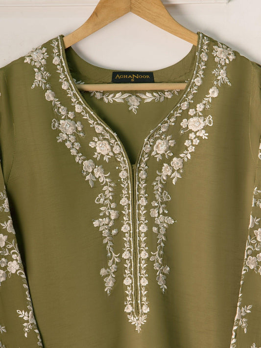 2-Piece Agha Noor Embroidered Korean Silk Suit - Dhani Green