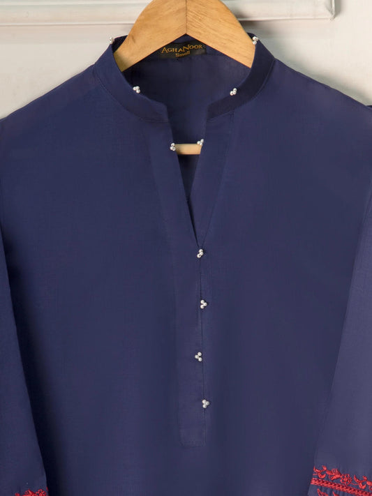 Aghanoor Cambric Embroidered Shirt- (Size- L) - Navy Blue