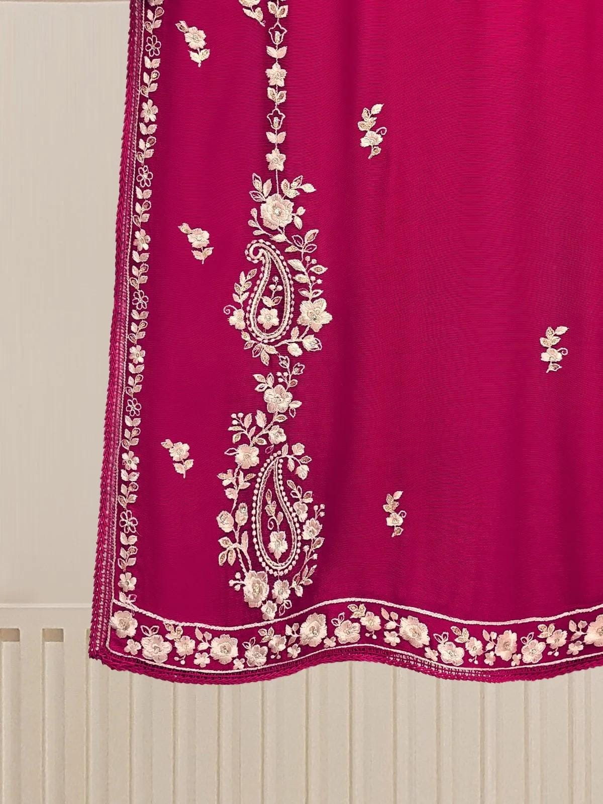 Agha Noor 3 Piece - Embroidered Cotton Net Suit: Hot Pink Raw Silk Pants, Organza Dupatta