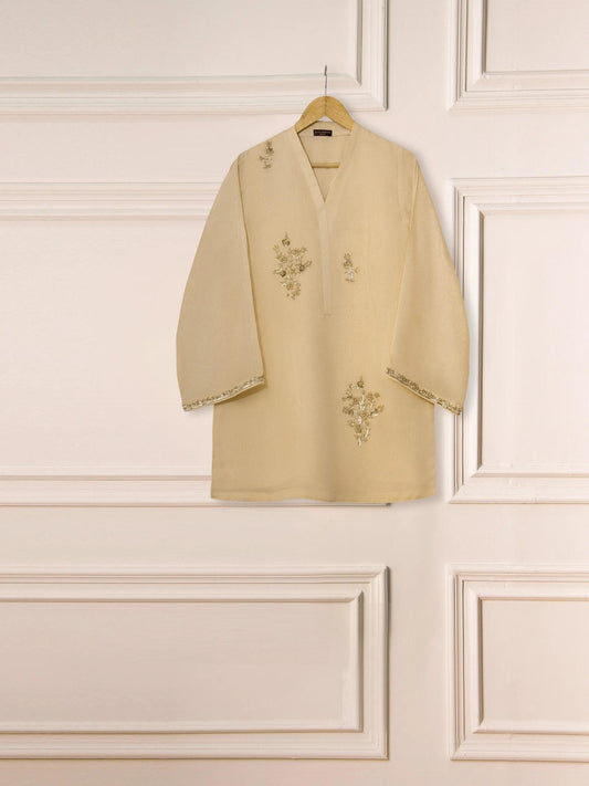 Agha noor 3 Piece Pure Cotton Net Embroidered Suit - Beige