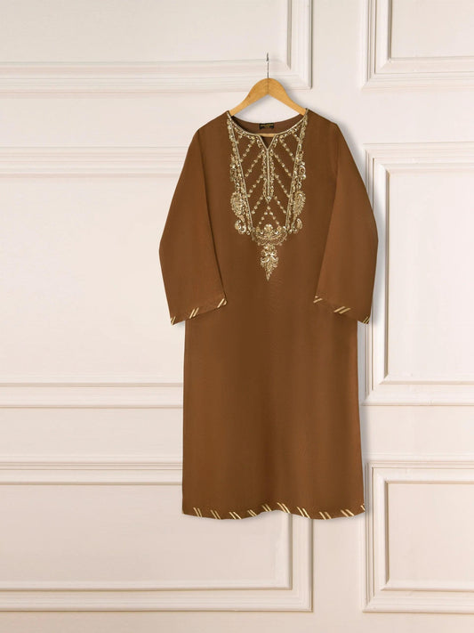 Agha Noor 3 Piece Pure Cotton Net Embroidered Suit - Brown