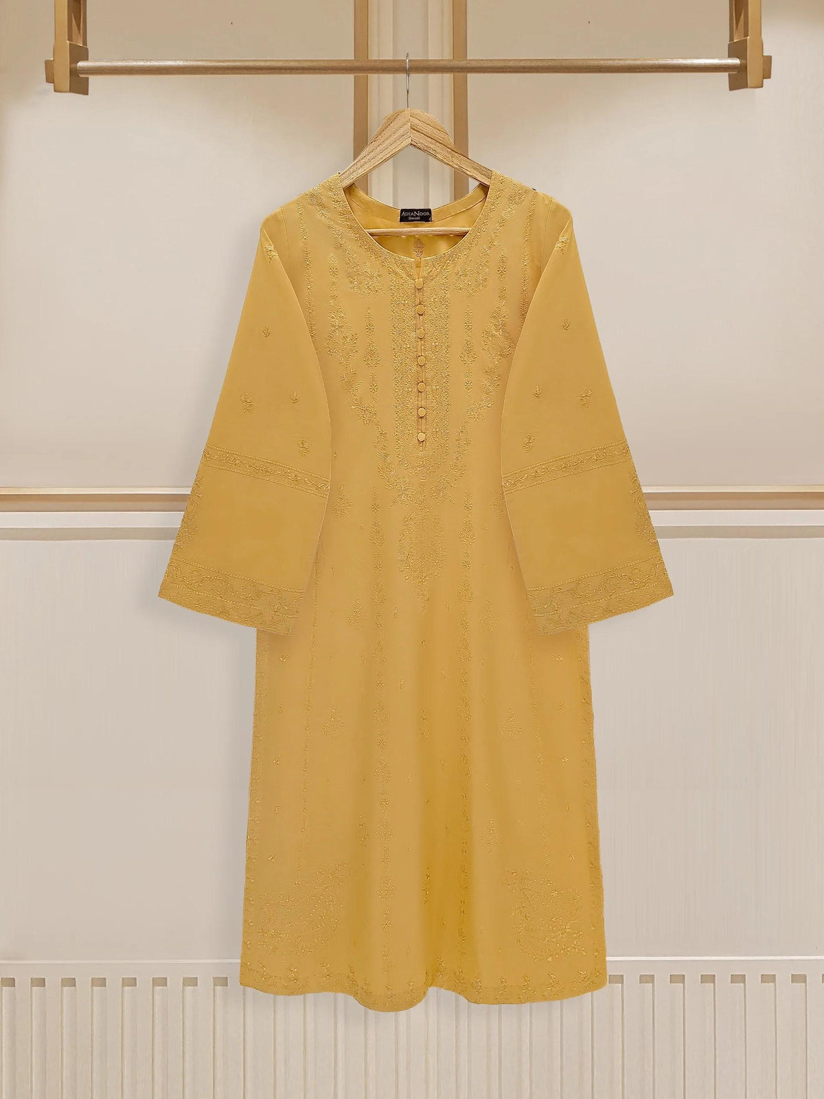 Agha Noor 3 Piece Embroidered Cotton Suit - Mustard