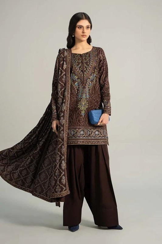 Maria.B - Farshi Shalwar Suit - 3 Piece Embroidered Khaddar (Medium, Large) - Brown