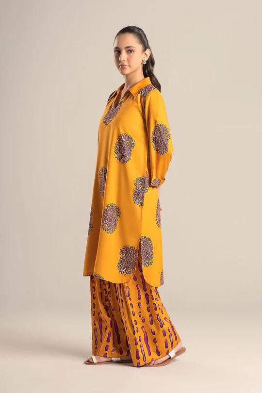 Maria.B - Farshi Shalwar Suit - 2 Piece Arabic Lawn Suit (Medium, Large) - Mustard