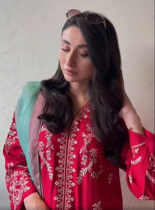 Agha Noor 3 Piece Embroidered Silk Net Suit: Raw Silk Pants