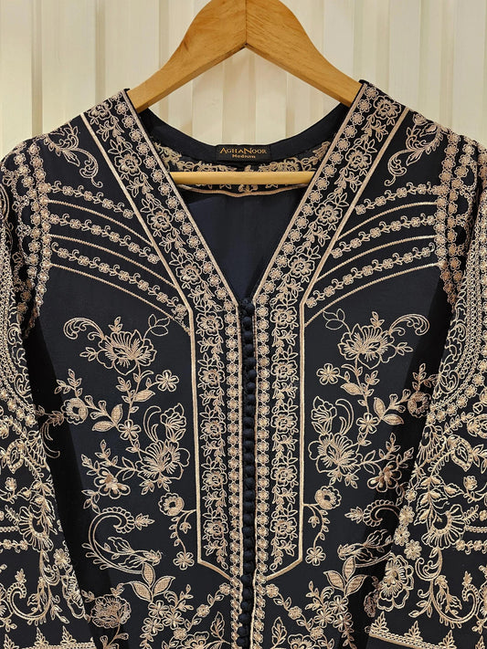 Agha Noor 3 Piece Embroidered Lawn Suit Size (Large, Medium) - Black