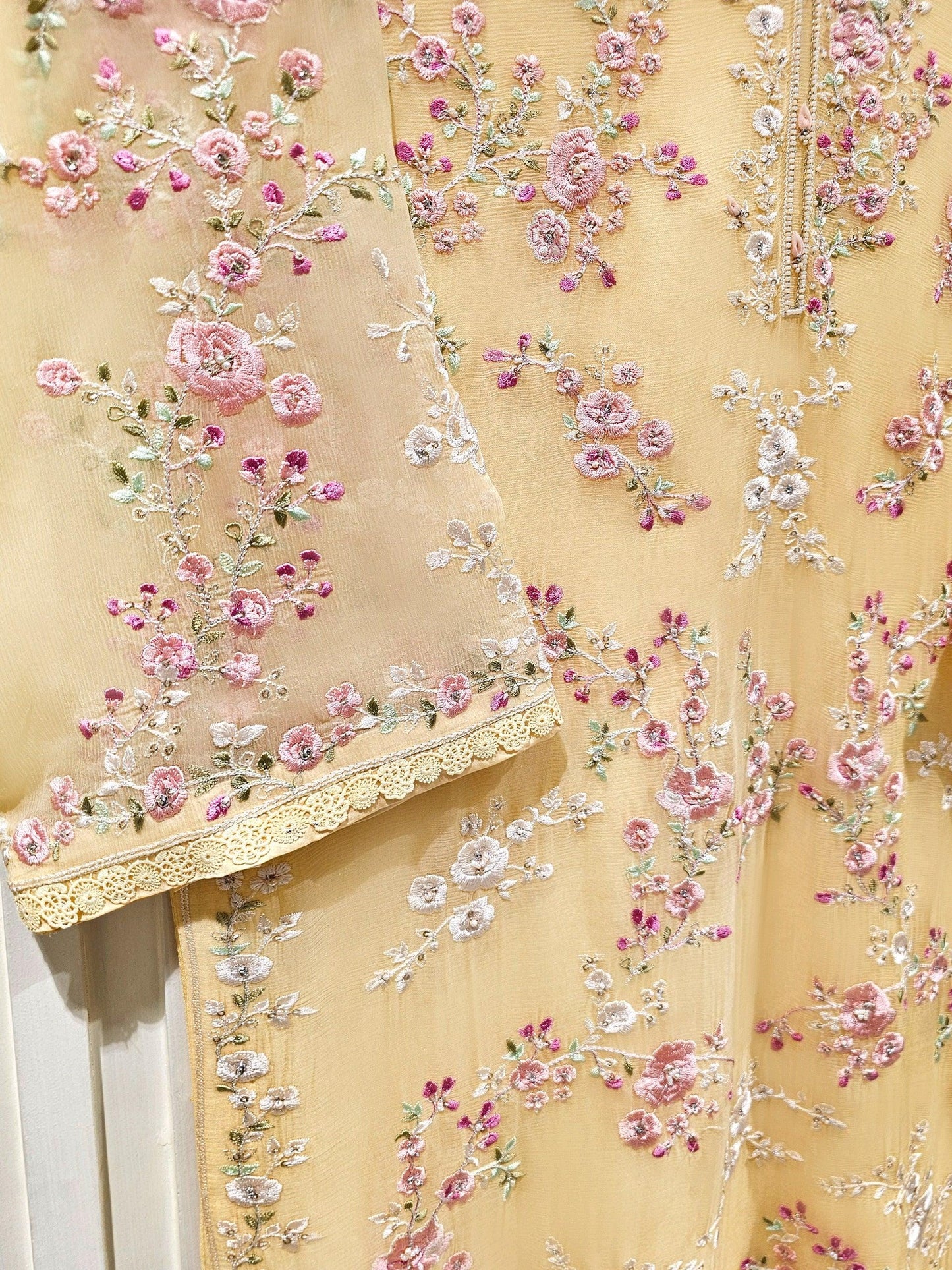 Agha Noor 3 Piece - Embroidered Chiffon Suit - Light Yellow