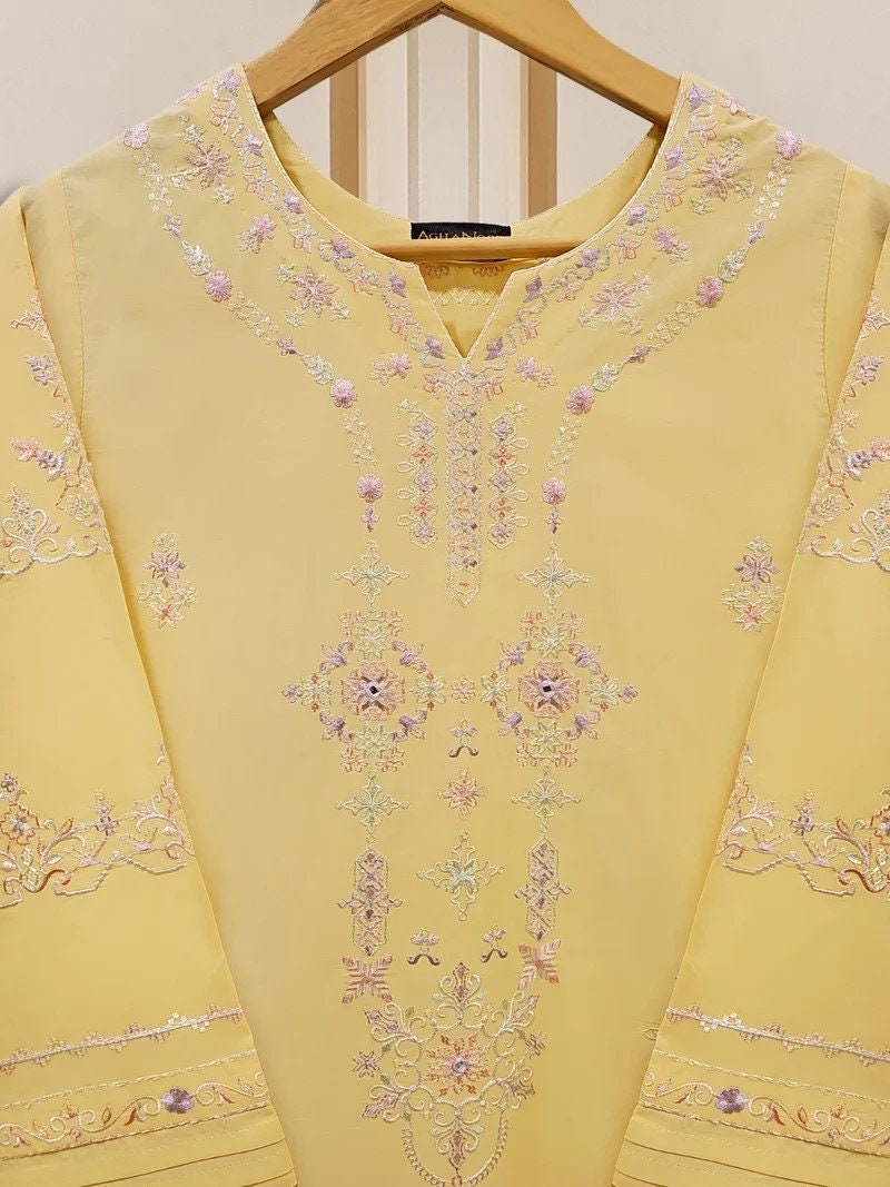 Agha Noor 2 piece - Embroidered Lawn Suit - Yellow and Pink