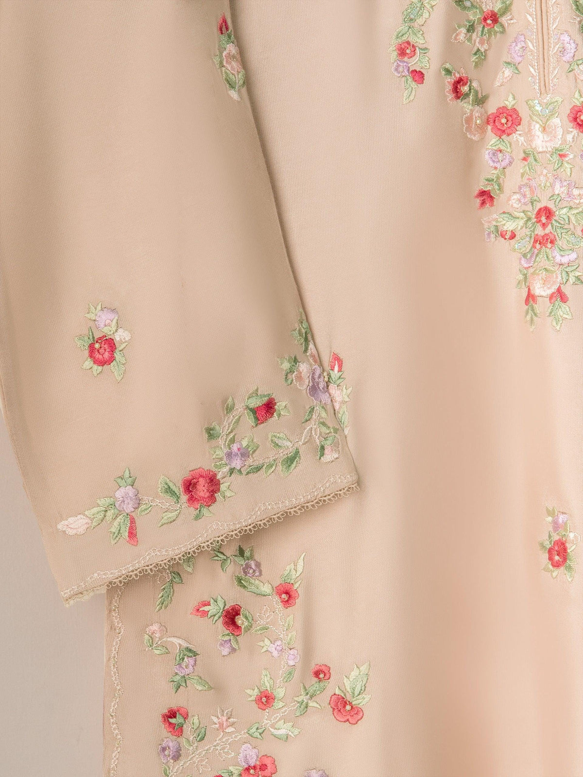 Agha noor 2 Piece Pure Silk Net Embroidered Suit Size (Large) Raw Silk Pants - Beige