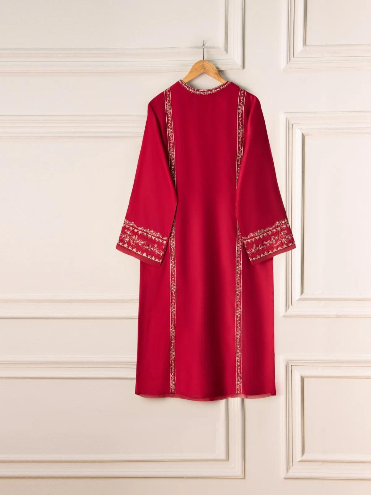 Agha noor 2 piece - Pure Silk Net Embroidered Suit - Maroon (Large) - Raw Silk Pants