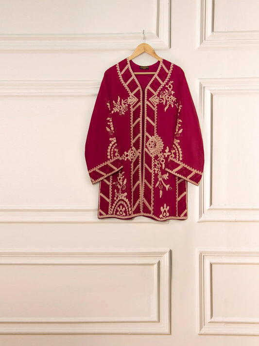 Agha Noor 3 Piece Pure Cotton Net Embroidered Suit - Maroon