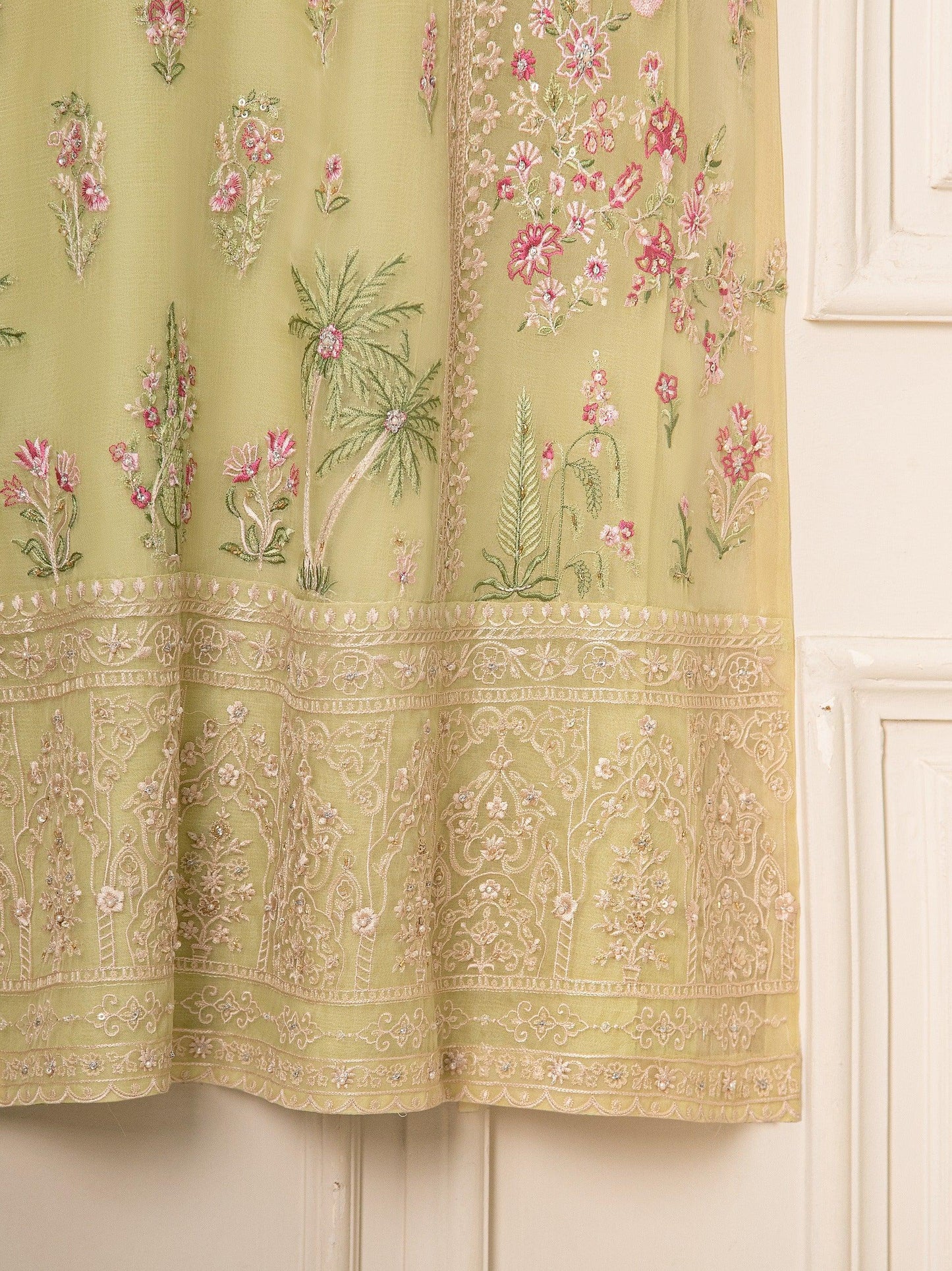 Aghanoor 3 Piece Heavily Embroidered Organza Suit - Pista Green