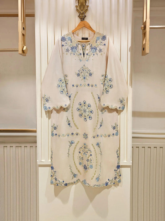 Agha Noor 3 Piece - Pure Khaadi Silk Embroidered Suit - Off White