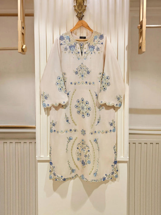 Agha Noor 3 Piece - Pure Khaadi Silk Embroidered Suit - Off White