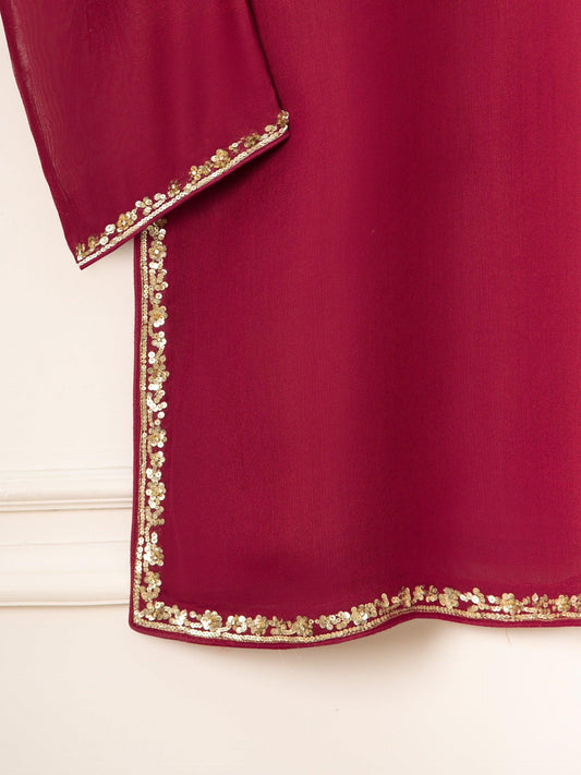 Aghanoor 3 Piece Pure Cotton Net Embroidered Suit Size - Maroon - Korean Silk Pants