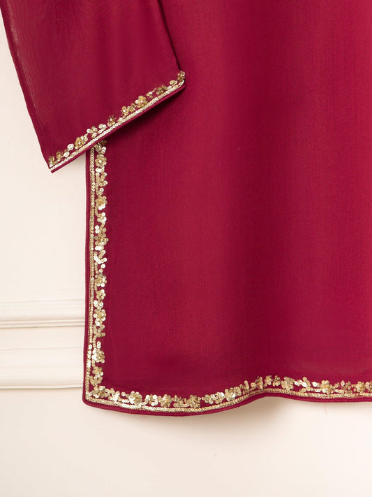 Aghanoor 3 Piece Pure Cotton Net Embroidered Suit Size - Maroon - Korean Silk Pants