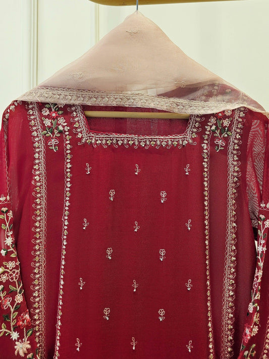 Agha Noor 3 Piece Embroidered Cotton Net Suit: Maroon; Silk Pants, Organza Dupatta
