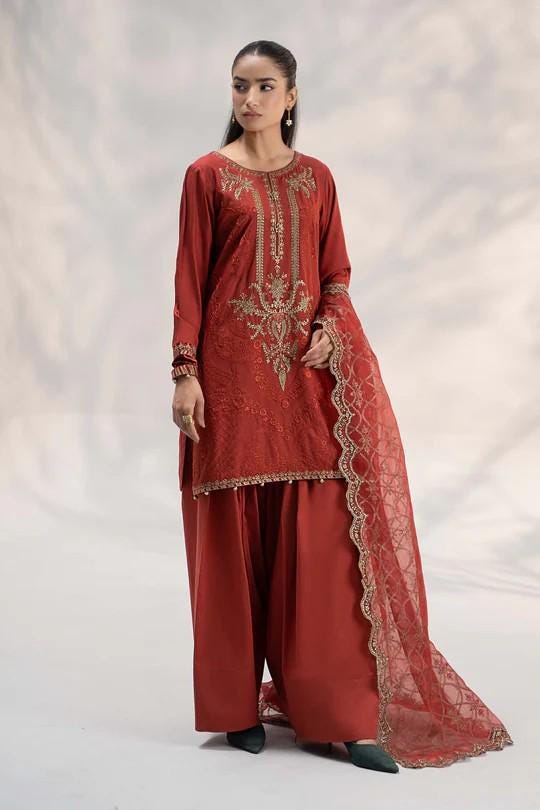 Maria.B - Farshi Shalwar Suit - 3 Piece Embroidered Linen Suit (Large) - Maroon