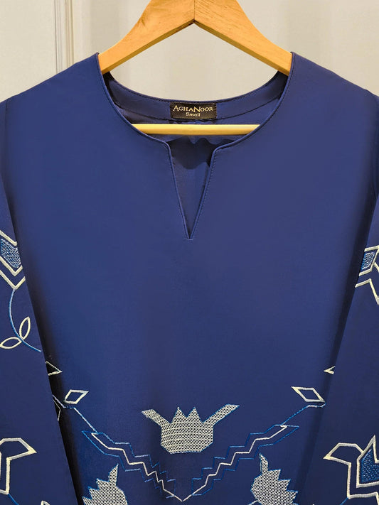 Embroidered Lawn Suit: Navy Blue Shalwar Kameez - Aghanoor 2 Piece