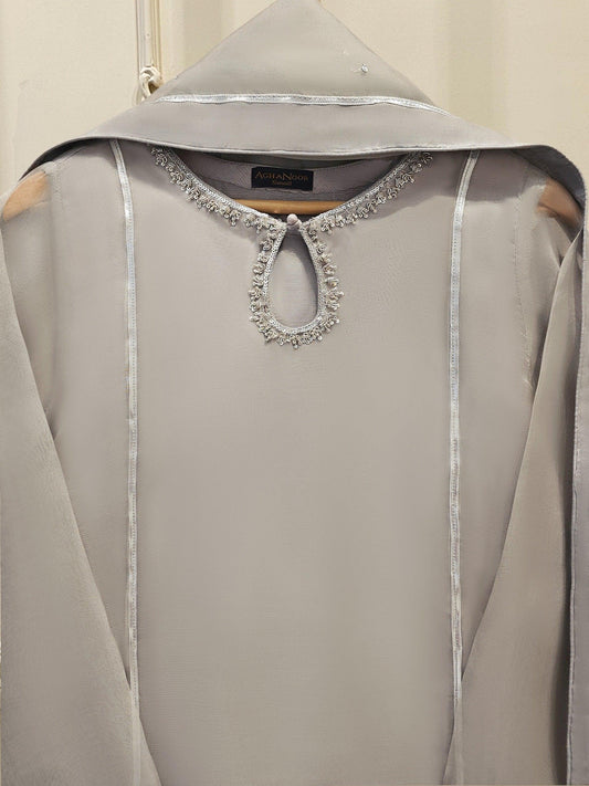 Agha Noor 3 piece Pure Organza Embroidered Suit - Gray