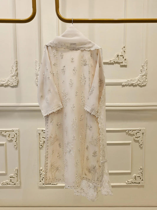 Aghanoor 3 Piece Pure Organza Embroidered Suit - Beige - Size (Medium, Large)