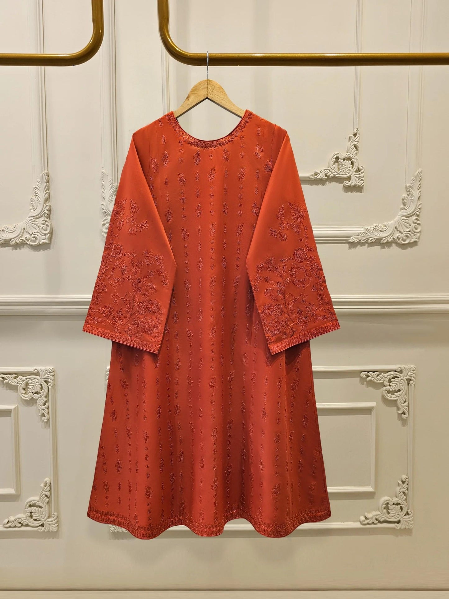 Agha Noor 2 piece - Embroidered Lawn Frock Suit - Rust - India Pakistan Bangladesh Shalwar Kameez