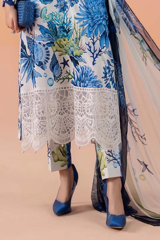 Maria.B - 3 Piece Printed Lawn Suit (Large) - White & Blue