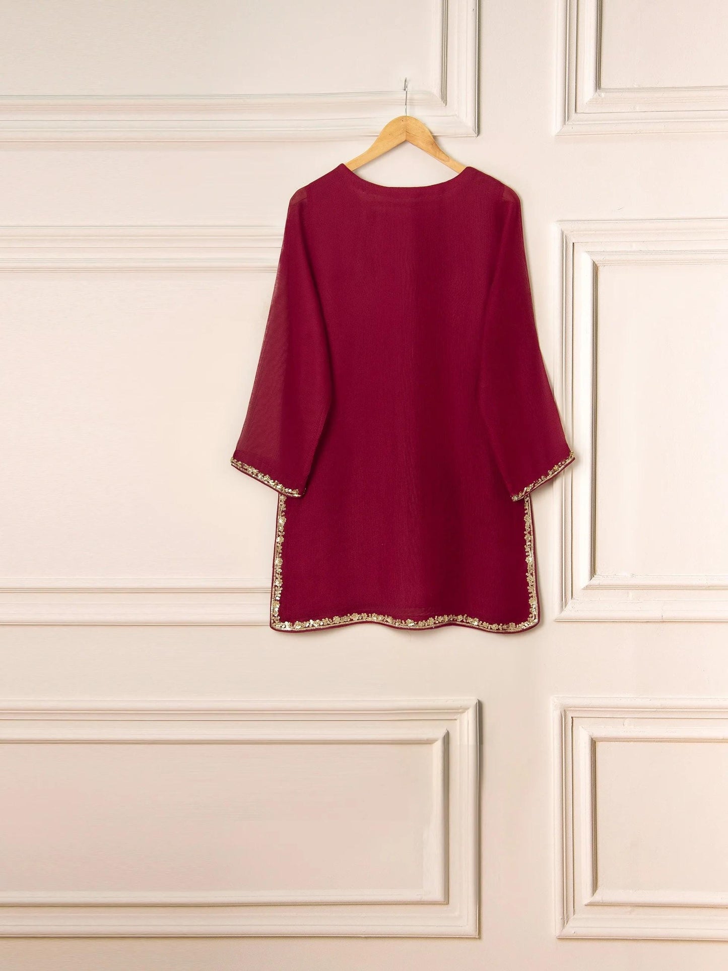Aghanoor 3 Piece Pure Cotton Net Embroidered Suit Size - Maroon - Korean Silk Pants
