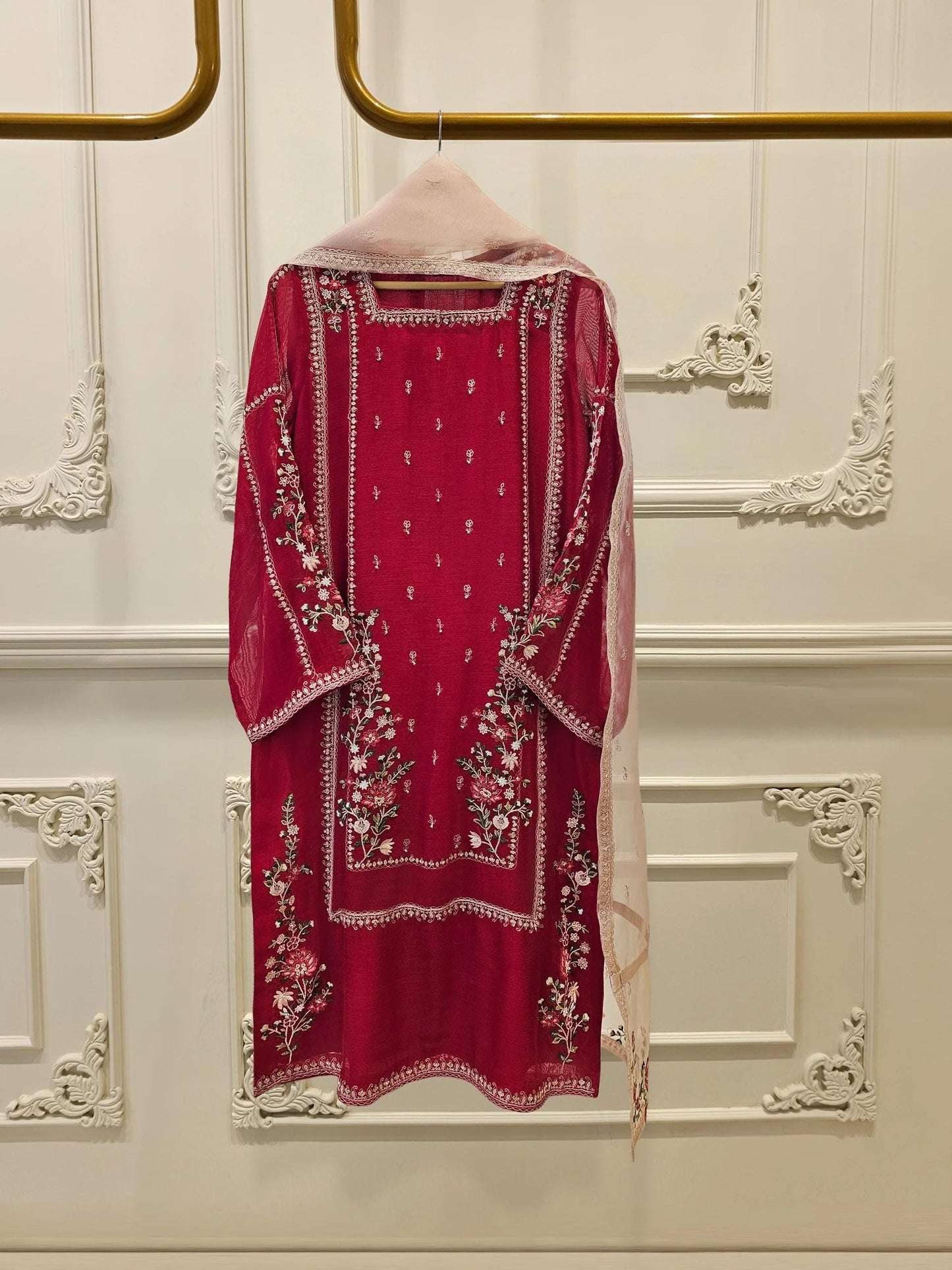 Agha Noor 3 Piece Embroidered Cotton Net Suit: Maroon; Silk Pants, Organza Dupatta