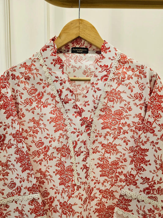 Aghanoor 2 piece - Digital Printed Embroidered Lawn Suit - Red - India Pakistan Bangladesh Shalwar Kameez