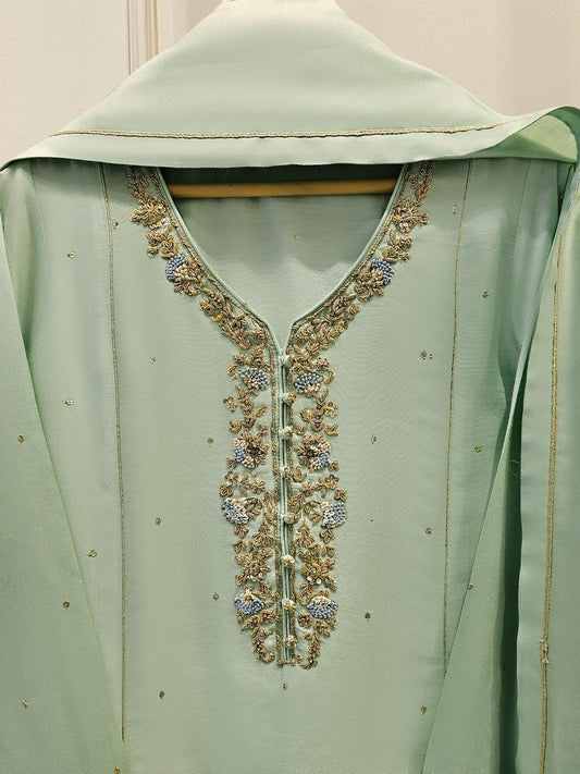 Agha Noor Embroidered Silk Net Suit: Mint Green, Korean Silk Pants