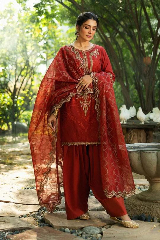 Maria.B - Farshi Shalwar Suit - 3 Piece Embroidered Linen Suit (Large) - Maroon