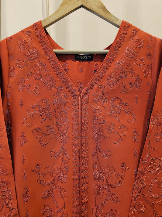 Agha Noor 2 piece - Embroidered Lawn Frock Suit - Rust - India Pakistan Bangladesh Shalwar Kameez