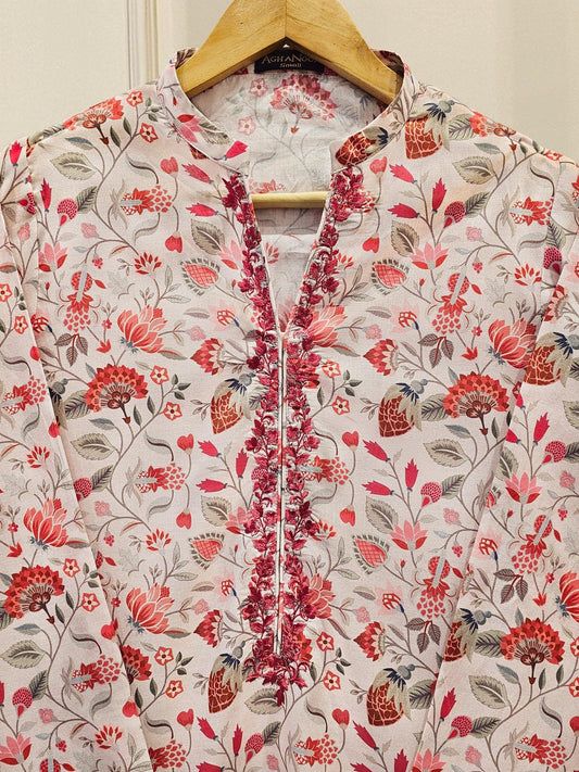 Aghanoor 2 piece - Digital Printed Embroidered Summer Lawn Suit - (Size- Large, Medium) - Red Printed